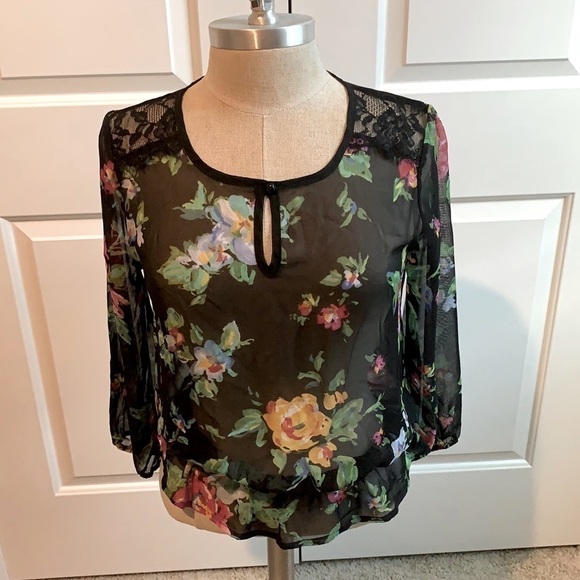 LILY ROSE FLORAL SHEER BLOUSE GU SZ S VERSATILE - Picture 1 of 11